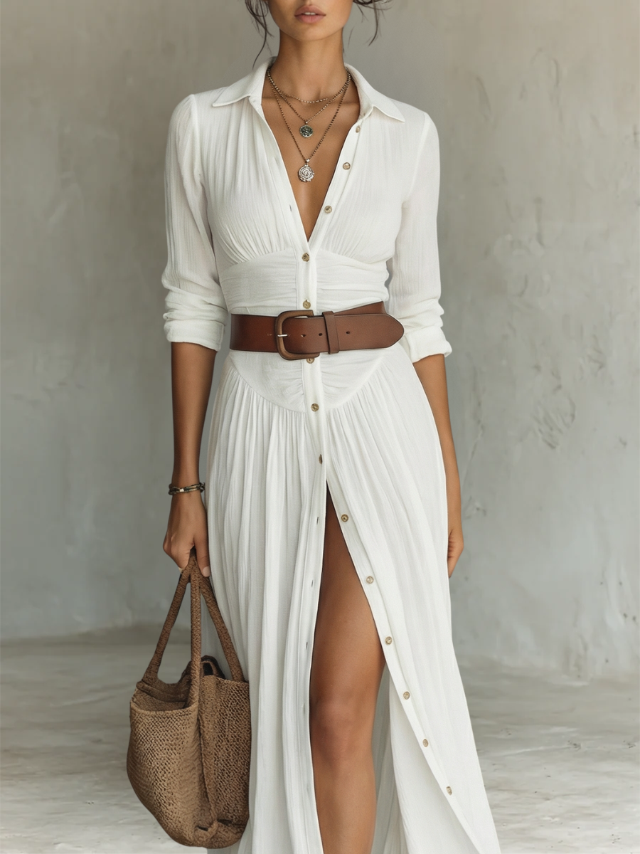 Abito lungo maxi da donna con collo a revers e maniche lunghe in lino.