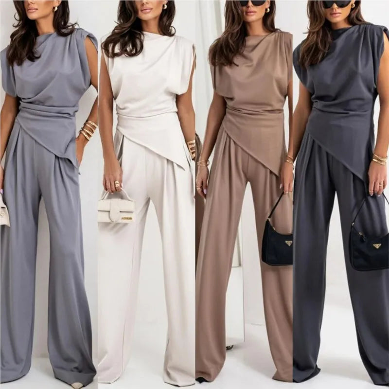 Set due pezzi da donna con top irregolare e pantaloni a gamba larga