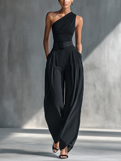 Top da donna in maglia nera altamente elasticizzata e pantaloni larghi in acetato