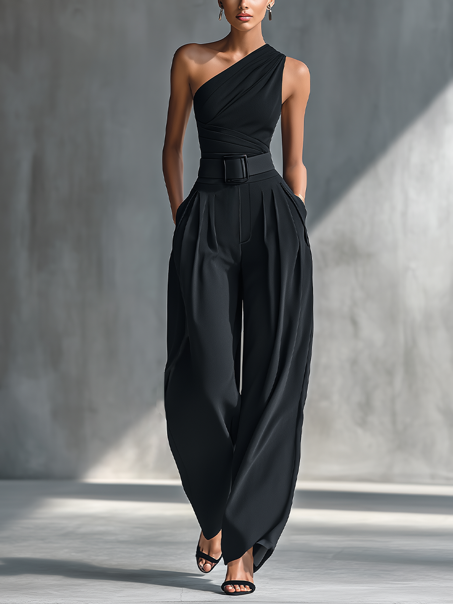 Top da donna in maglia nera altamente elasticizzata e pantaloni larghi in acetato