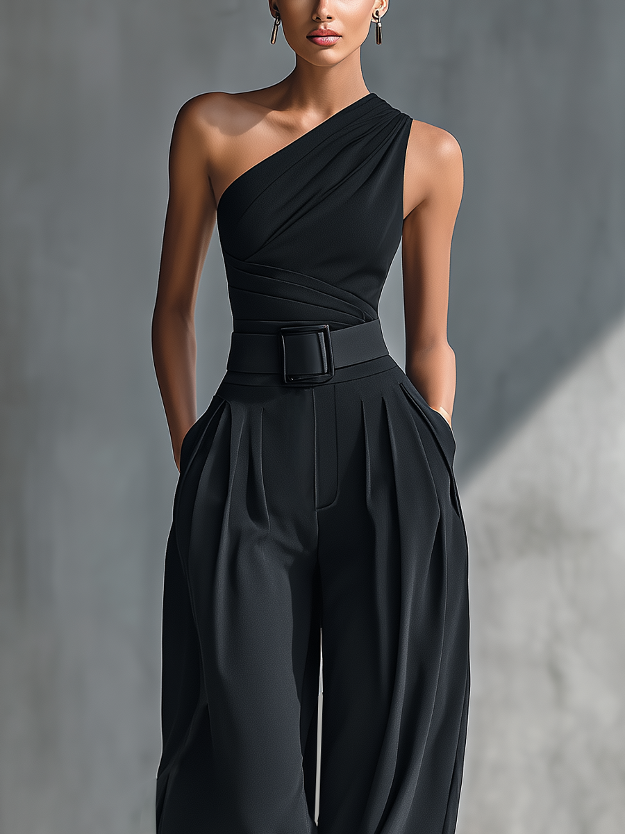 Top da donna in maglia nera altamente elasticizzata e pantaloni larghi in acetato
