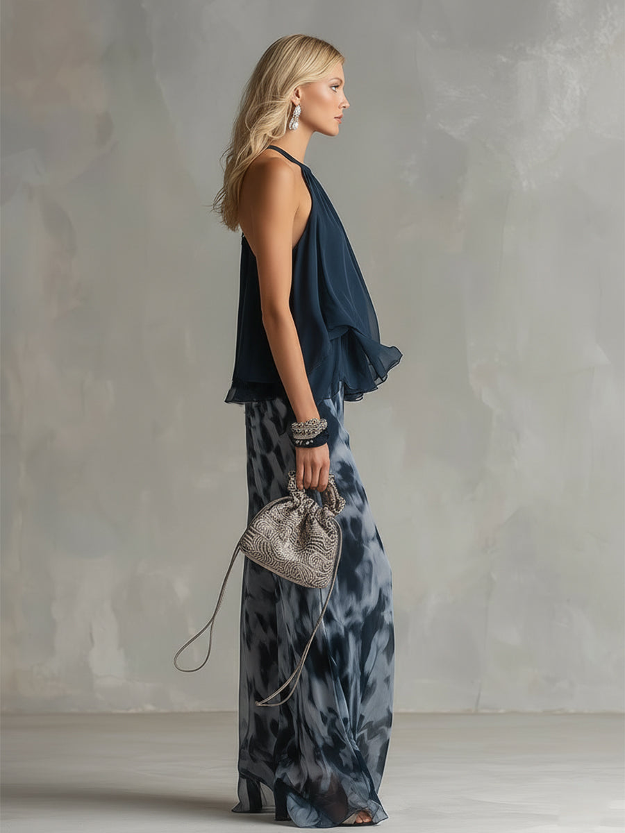 Luisa - abito elegante in chiffon con corpetto a collo alto e pantaloni a gamba larga stampati.