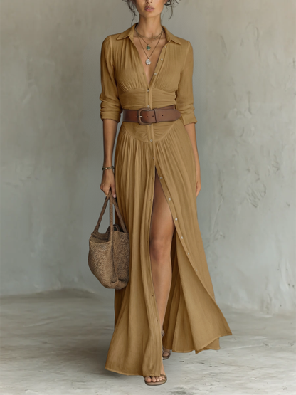 Abito lungo maxi da donna con collo a revers e maniche lunghe in lino.