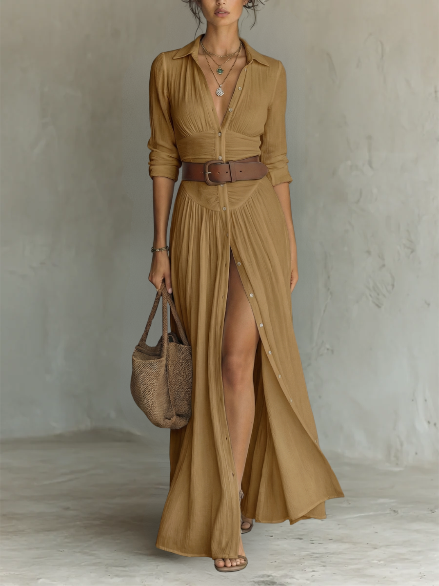Abito lungo maxi da donna con collo a revers e maniche lunghe in lino.