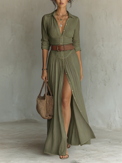 Abito lungo maxi da donna con collo a revers e maniche lunghe in lino.