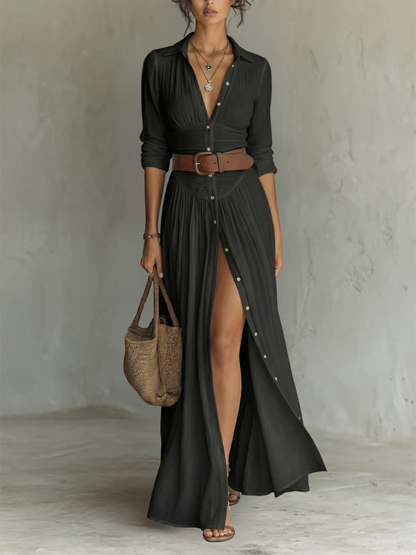 Abito lungo maxi da donna con collo a revers e maniche lunghe in lino.