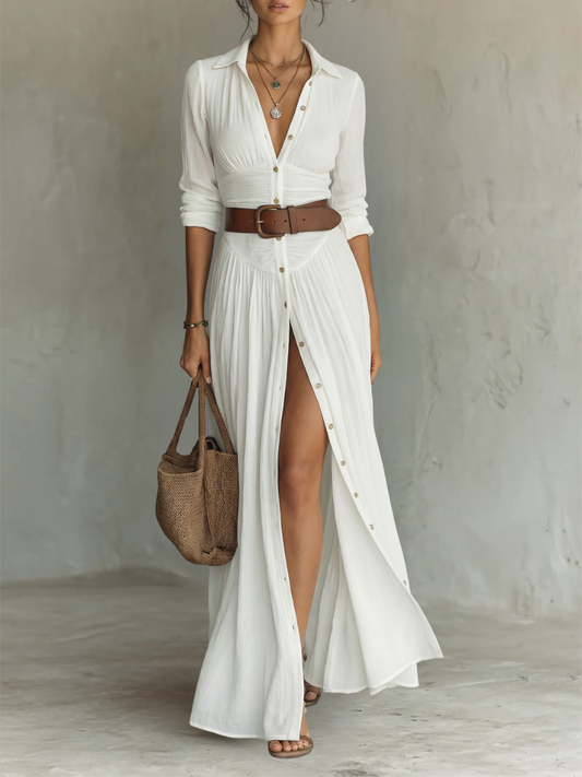 Abito lungo maxi da donna con collo a revers e maniche lunghe in lino.