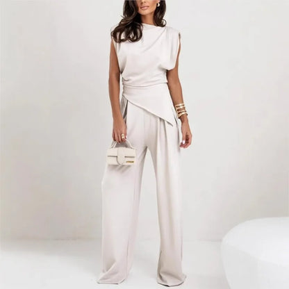 Set due pezzi da donna con top irregolare e pantaloni a gamba larga