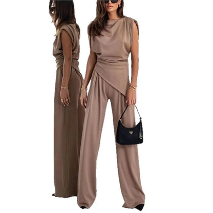 Set due pezzi da donna con top irregolare e pantaloni a gamba larga
