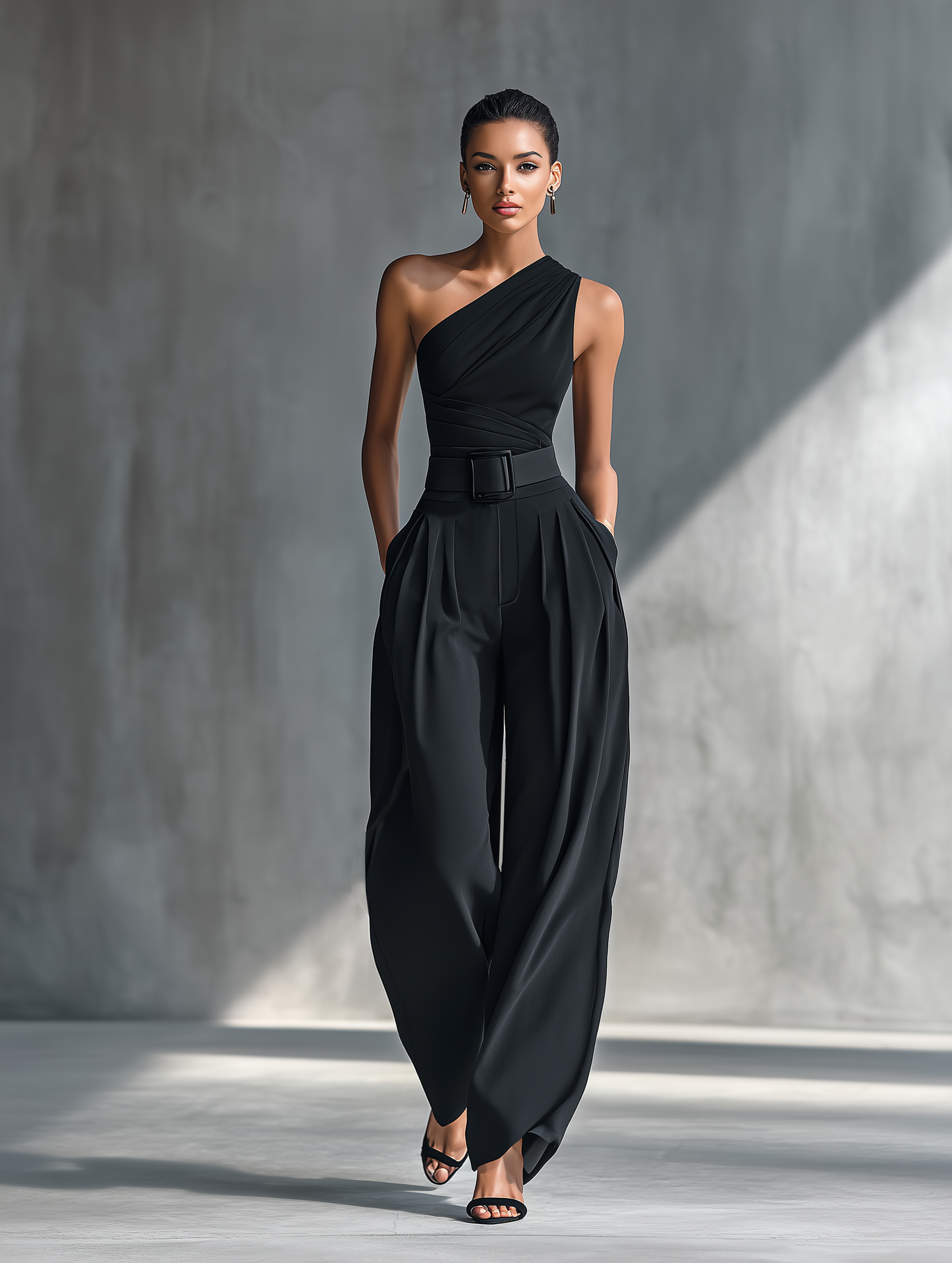 Top da donna in maglia nera altamente elasticizzata e pantaloni larghi in acetato